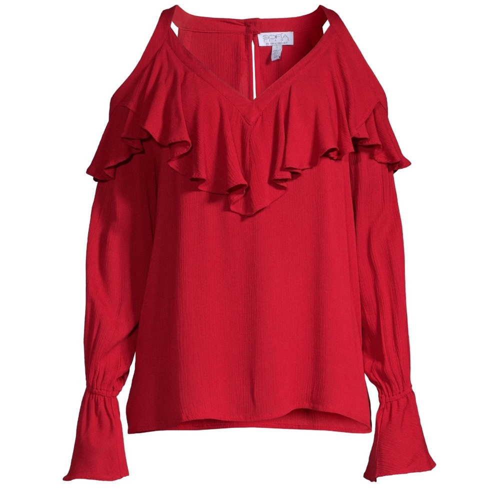 Sofia Jeans by Sofia Vergara Red Cold-Shoulder Ruffle Blouse - Size S